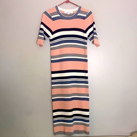 Callahan Multicolor Striped Ribbed Knit short sleeve Casual Dress pink medium - Picture 1 of 7